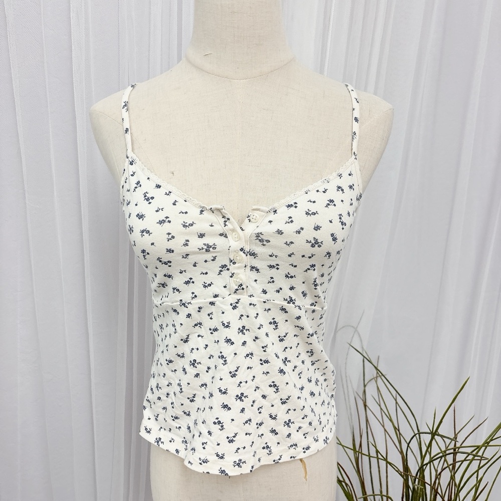 Brandy Melville White and Blue Floral Tee